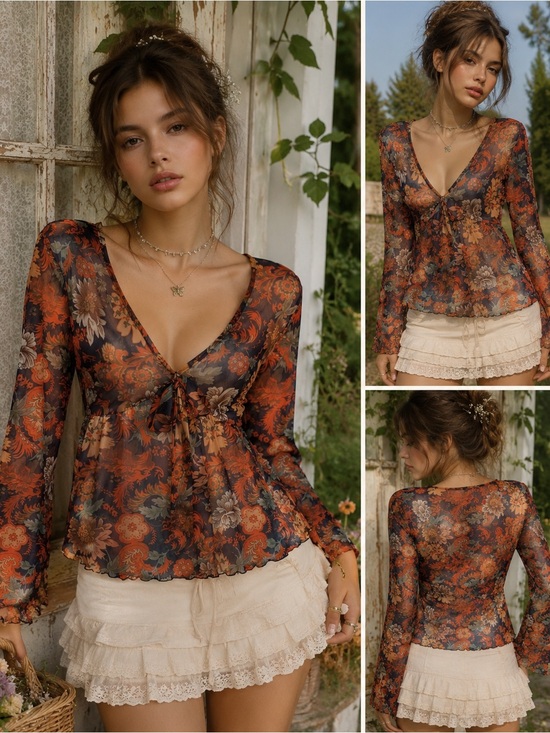 SHEIN Tops - SHEIN Y2K Babydoll Floral Sheer Mesh Bell Sleeve Blouse Size M